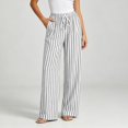 thumbnail image 2 of Yxbdin Striped Print Linen Pants for Women Elastic Drawstring High Waist Long Pants Comfortable Relaxed Fit Casual Trousers Everyday Daily Wear, 2 of 9