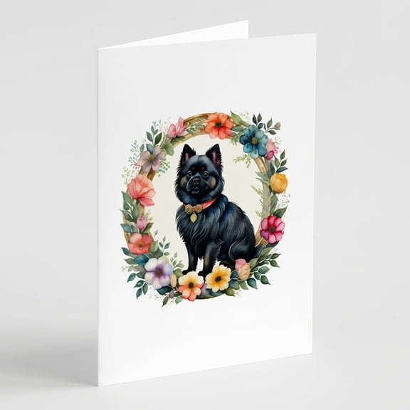 German Spitz and Flowers Greeting Cards and Envelopes Pack of 8 7 in x 5 in