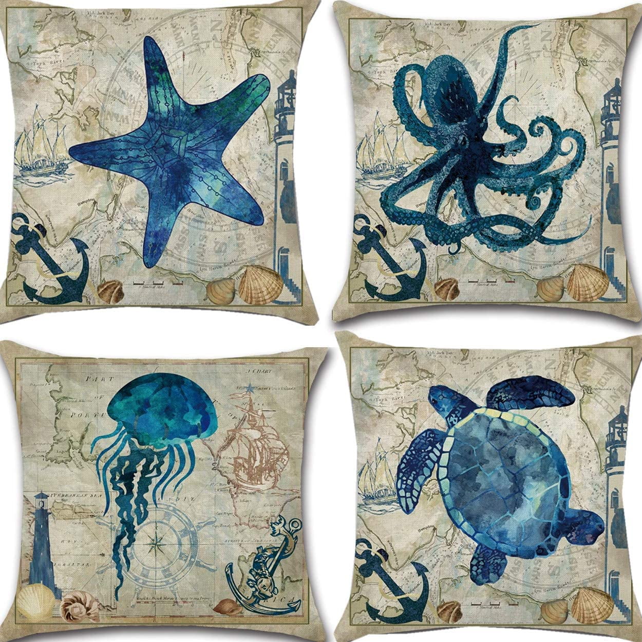 US SELLER-set of 2 coastal beach octopus mandala cushion cover throw pillow 