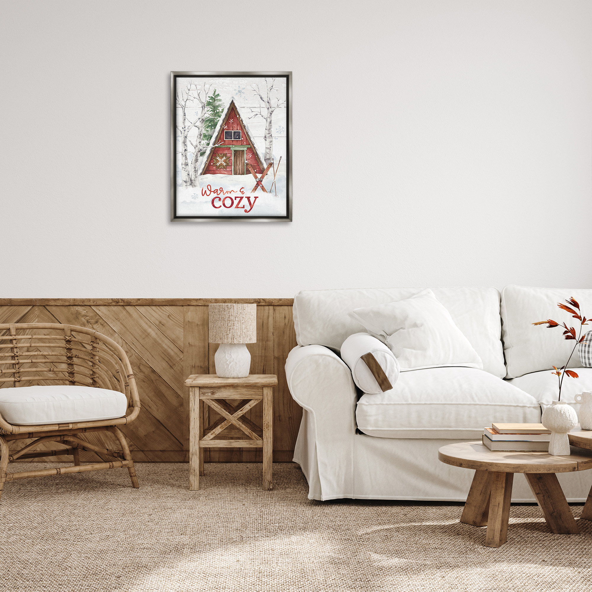 Stupell Industries Warm & Cozy Cabin Holiday Painting Gray Floater Framed Canvas Art Print Wall Art, 25 x 31