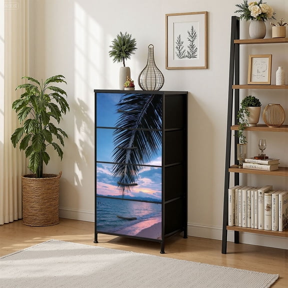 4 Drawer Vertical Storage Dresser Palm Tree By Sea Against Sky Sunset with Wood Top Fabric Pull Drawers