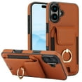 thumbnail image 2 of Premium PU Leather for iPhone 16 Card Slots Wallet Back Case, Classic with Ring Kickstand Magnetic Button Stylish Drop Protection Phone Case Cover for iPhone 16, Brown, 2 of 9