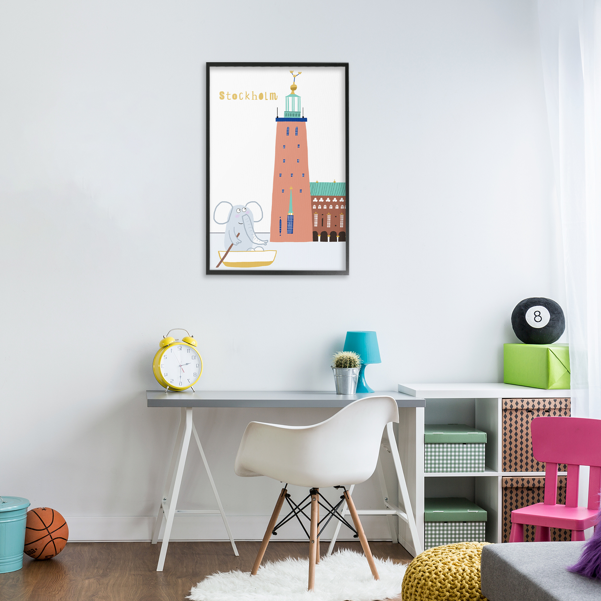 Elephant in Stockholm Boat Black Framed Giclee Art, design by Carla Daly