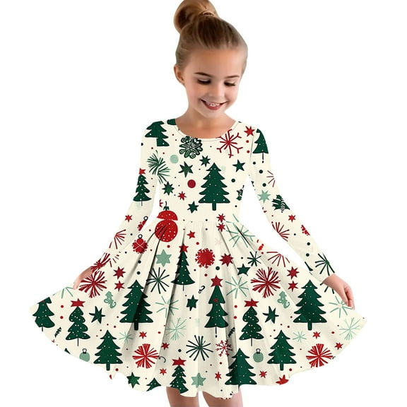 Girls Christmas Dress Christmas Tree Printed Long Sleeve Dress Swing Tea-Party Xmas Dresses Casual A-Line Fall Dresses, White, 5 Years