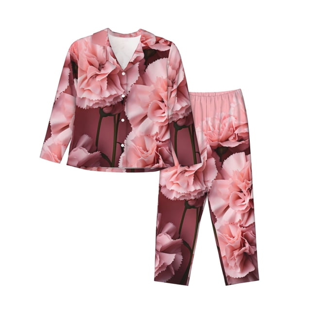 Balery Delicate Pink Carnations Conjunto de Pijama con Estampado para Mujer, Conjunto de Dos Piezas con Manga Larga, Ropa de Dormir Suave con Bolsillos, Pijamas Cómodos-Large