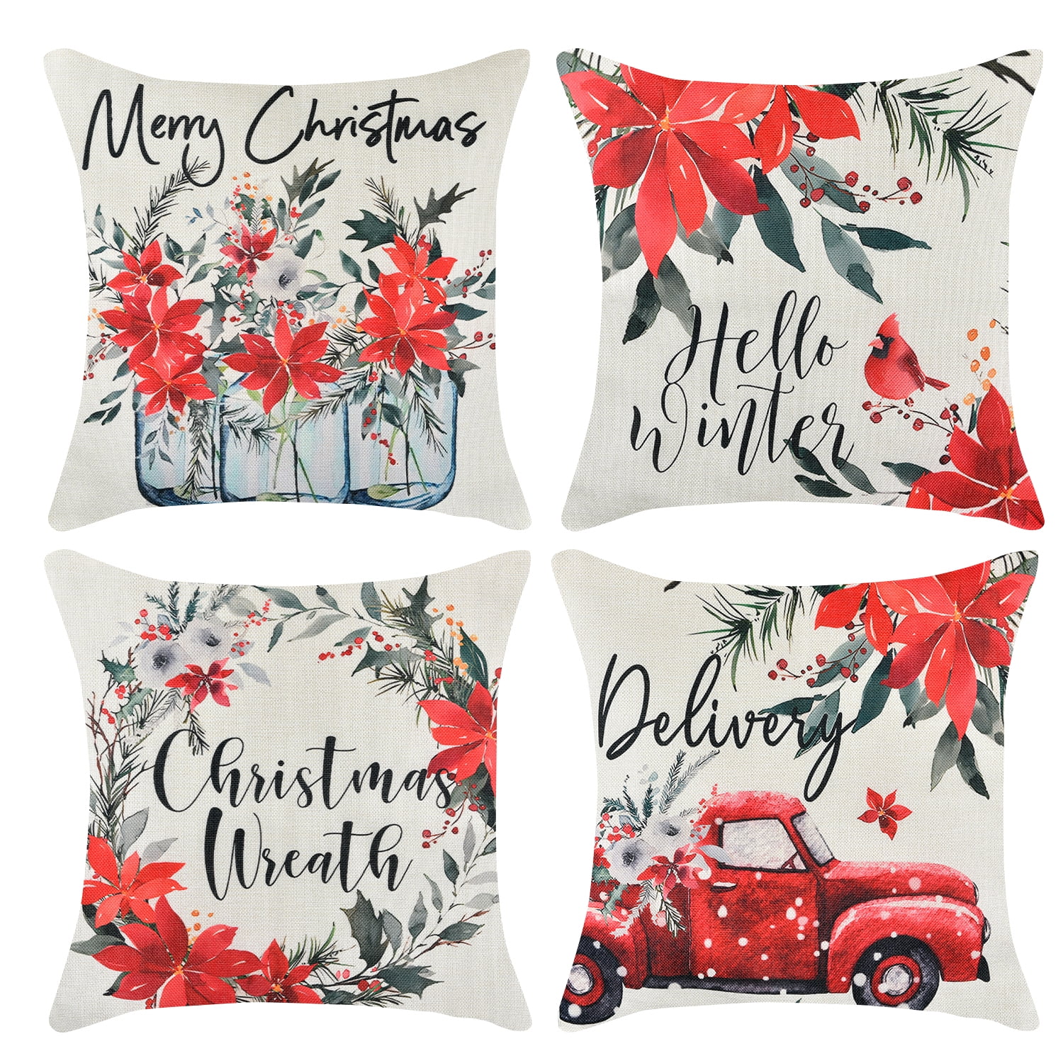 Husfou Christmas Poinsettia Pillow Covers Decorations for Home, 4 Pack Linen Xmas Red Truck Throw Pillowcase for Couch Holiday Home Decor, 18x18 inch