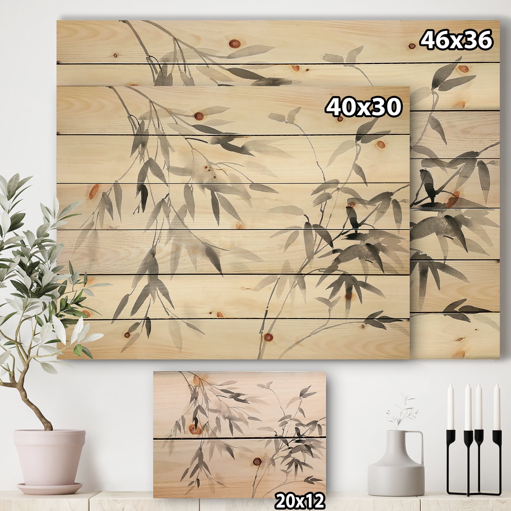 Designart 'Abstract Bamboo Leaves' Farmhouse Print on Natural Pine Wood