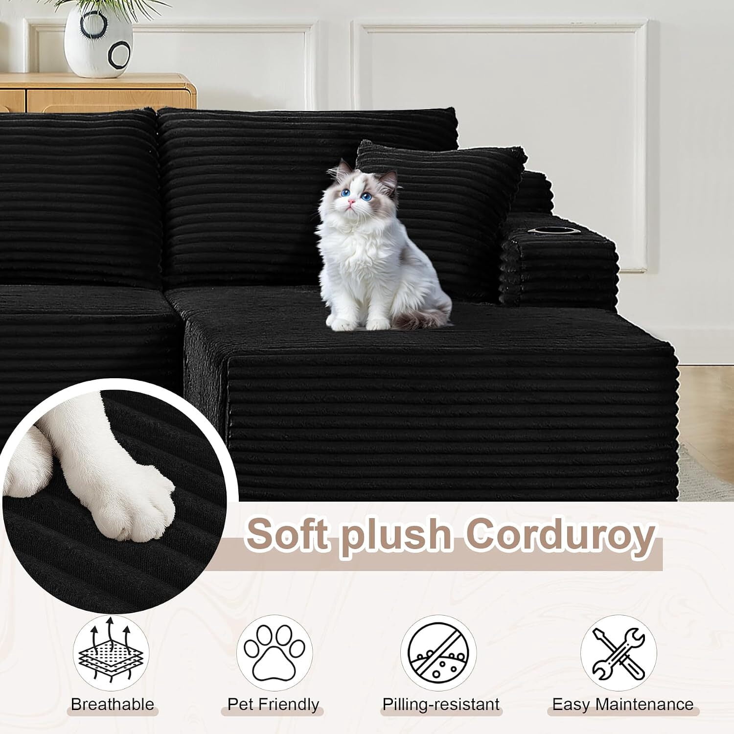 134 Inch Cloud Couch U-Shaped Modular Sectional Sofa, Deep Seat Corduroy Boneless Sofa with Cupholders & Side Storage, Modern Upholstered Couches for Living Room, No Assembly,Black