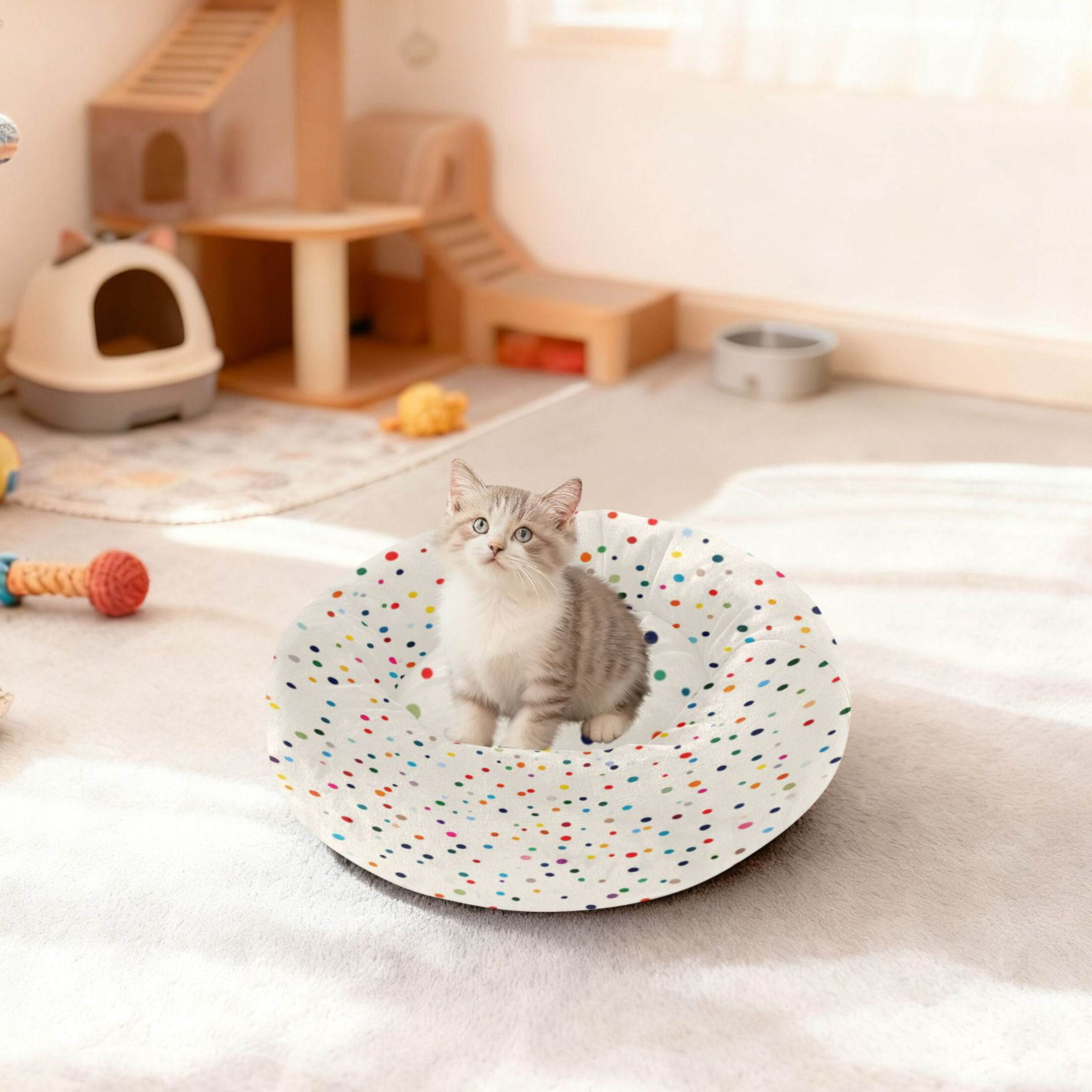 Iauyy Pet Couch Donut Cat Bed for Indoor Cats/Small Dogs Washable & Machine with Non-slip Bottom Calming Cat Furniture, The Colorful Small Dots (M)