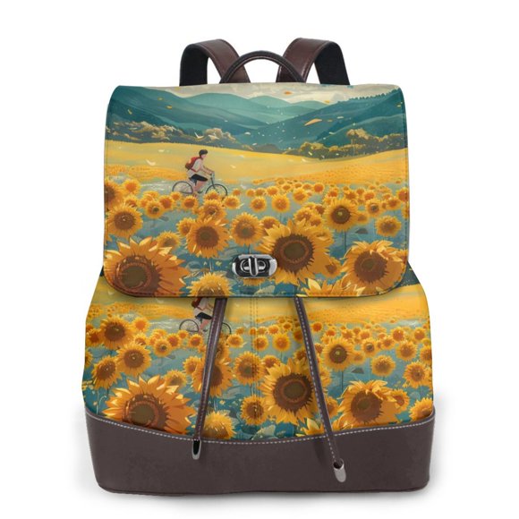 Easygdp Field Style Bicycle Young Sunflower Print Leather Backpack Purse Ladies Shoulder Bag Fashion Work Travel Handbags for Women