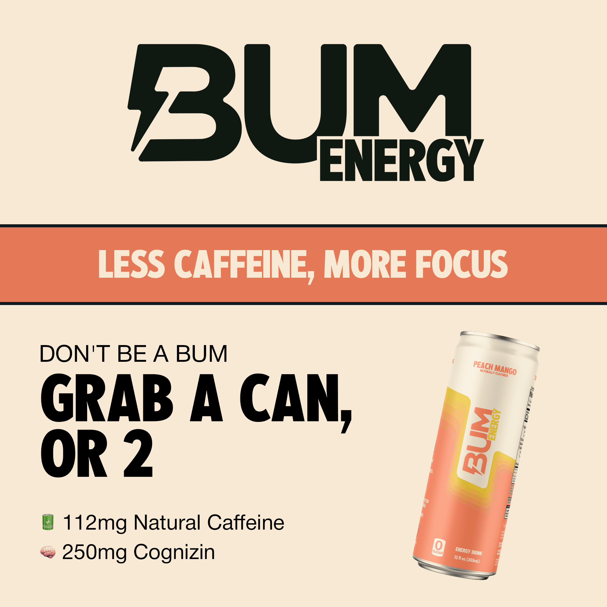 Bum Energy Peach Mango Energy Drink, 112 mg Natural Caffeine, 12 fl oz, 12 Pack