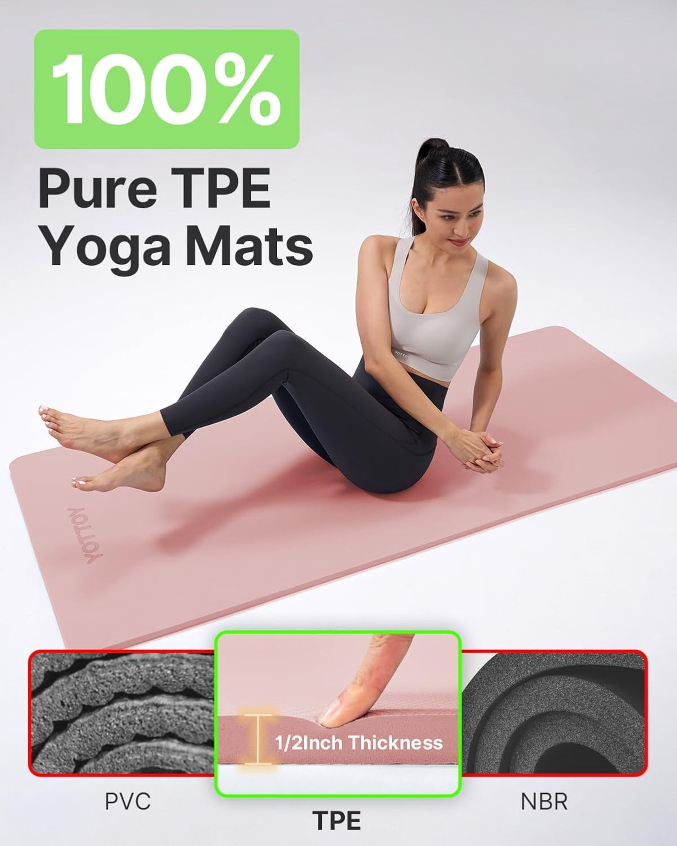 YOTTOY Yoga Mat，Extra Thick Yoga Mat (1/2inch),Professional TPE Exercise Mat,Non-Slip Workout Mat for Yoga, Pilates, Fitness, Barefoot Workouts, Home Gym Studio with Strap