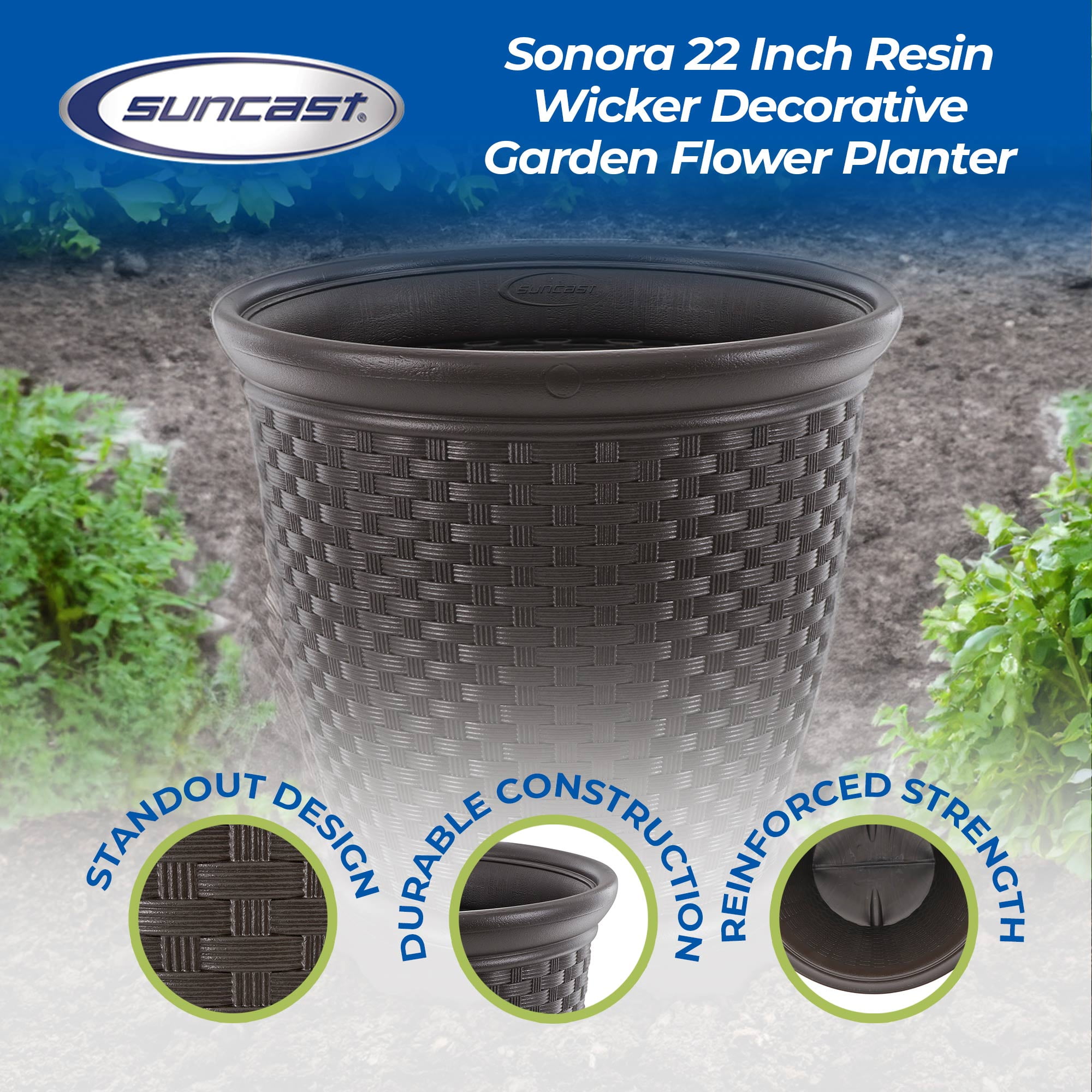 Suncast Sonora 22" Wicker Decorative Garden Flower Planter, Brown (4 Pack)