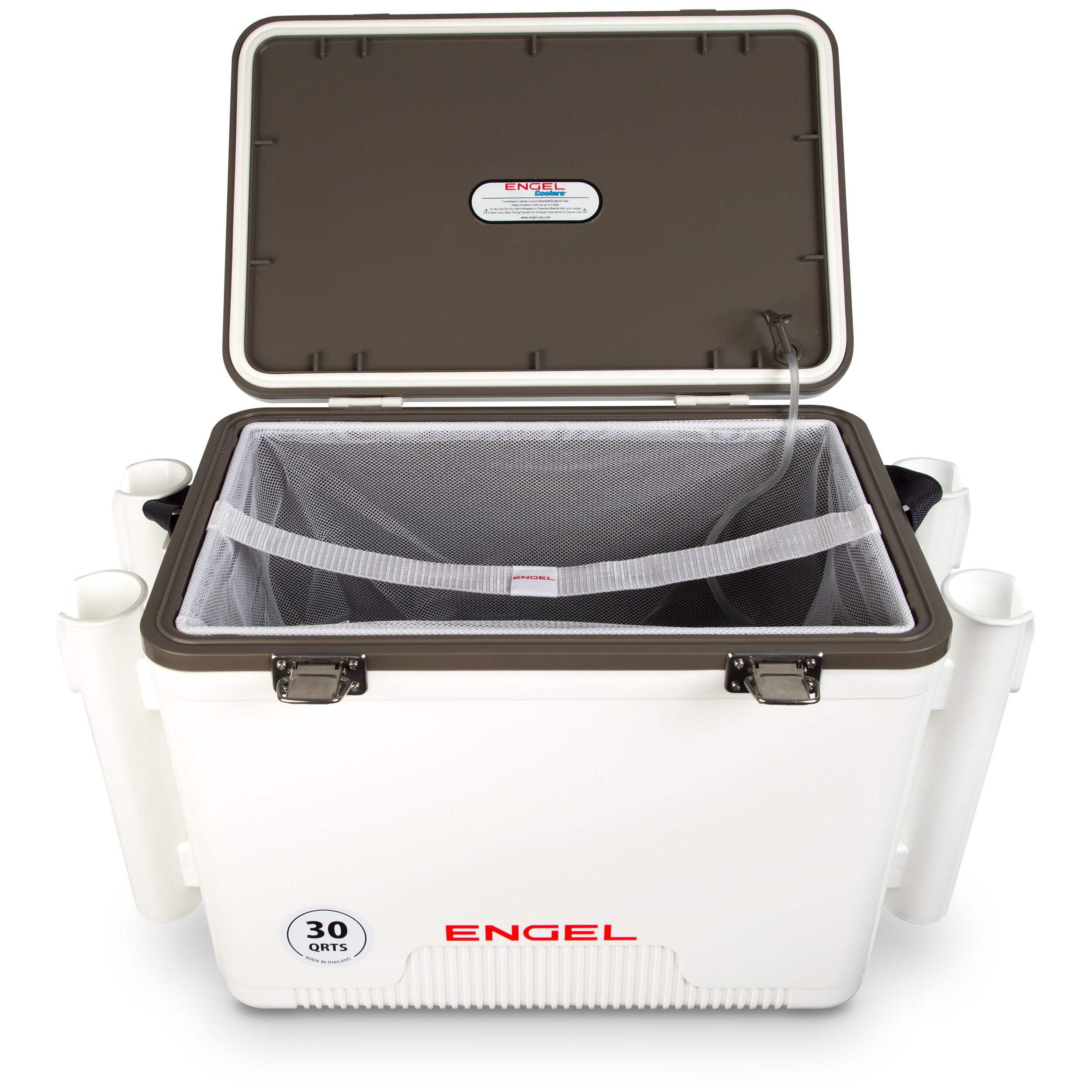ENGEL 30 Qt Live Bait Cooler with 4x Rod Holders & 2-Speed Aerator Pump - White