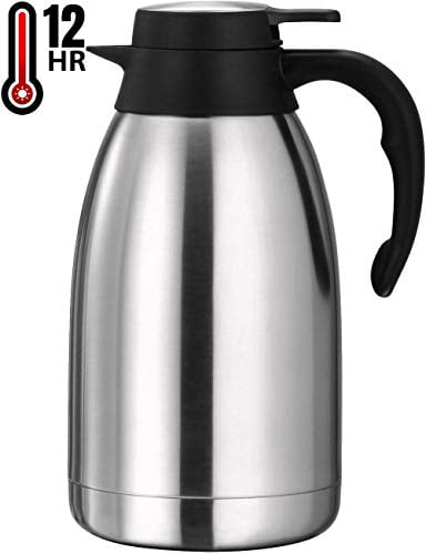 Vacuum Jug 1 Litre Stainless Steel Double Walled Insulated Thermal 12 Hour Heat Retention Coffee and Tea Carafe 