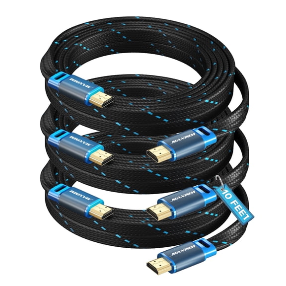 4K HDMI Cable, 10ft, Super-Slim Flat Space-Saving, High-Speed HDR HDMI 2.0 Braided Cord, 3-Pack, UL-Certified