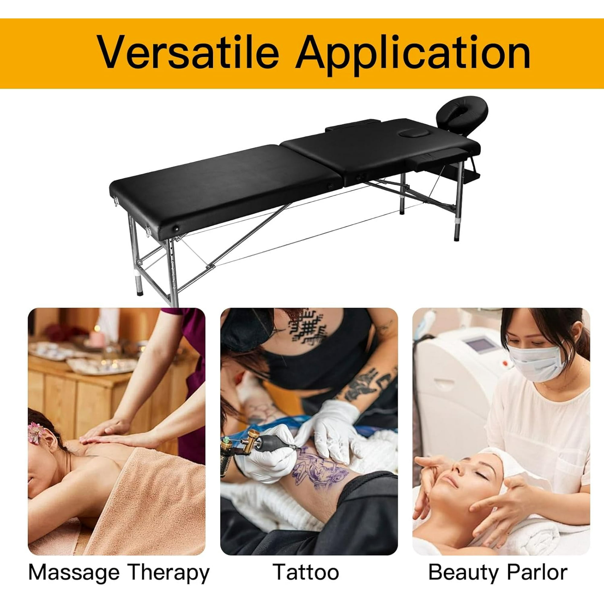 Professional Portable Massage Table – 24" Wide Adjustable Black Aluminum Folding Bed for Spa, Tattoo & Lash Services
