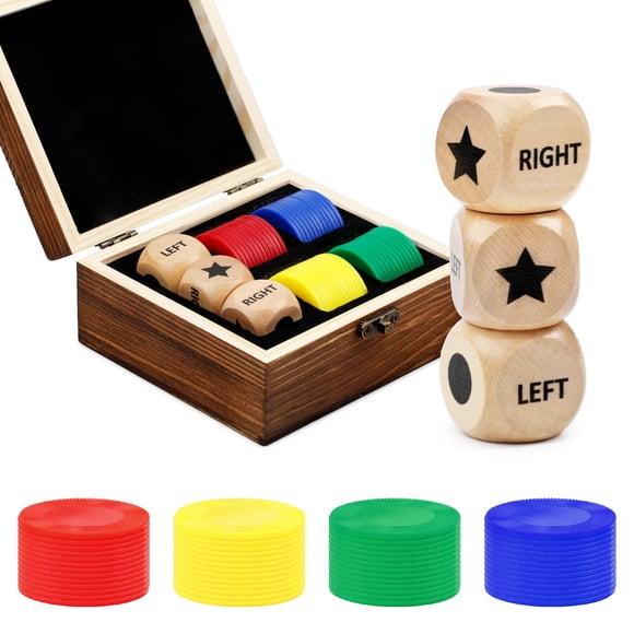 Juego de dados Pagather con 3 dados de madera y 48 fichas en caja