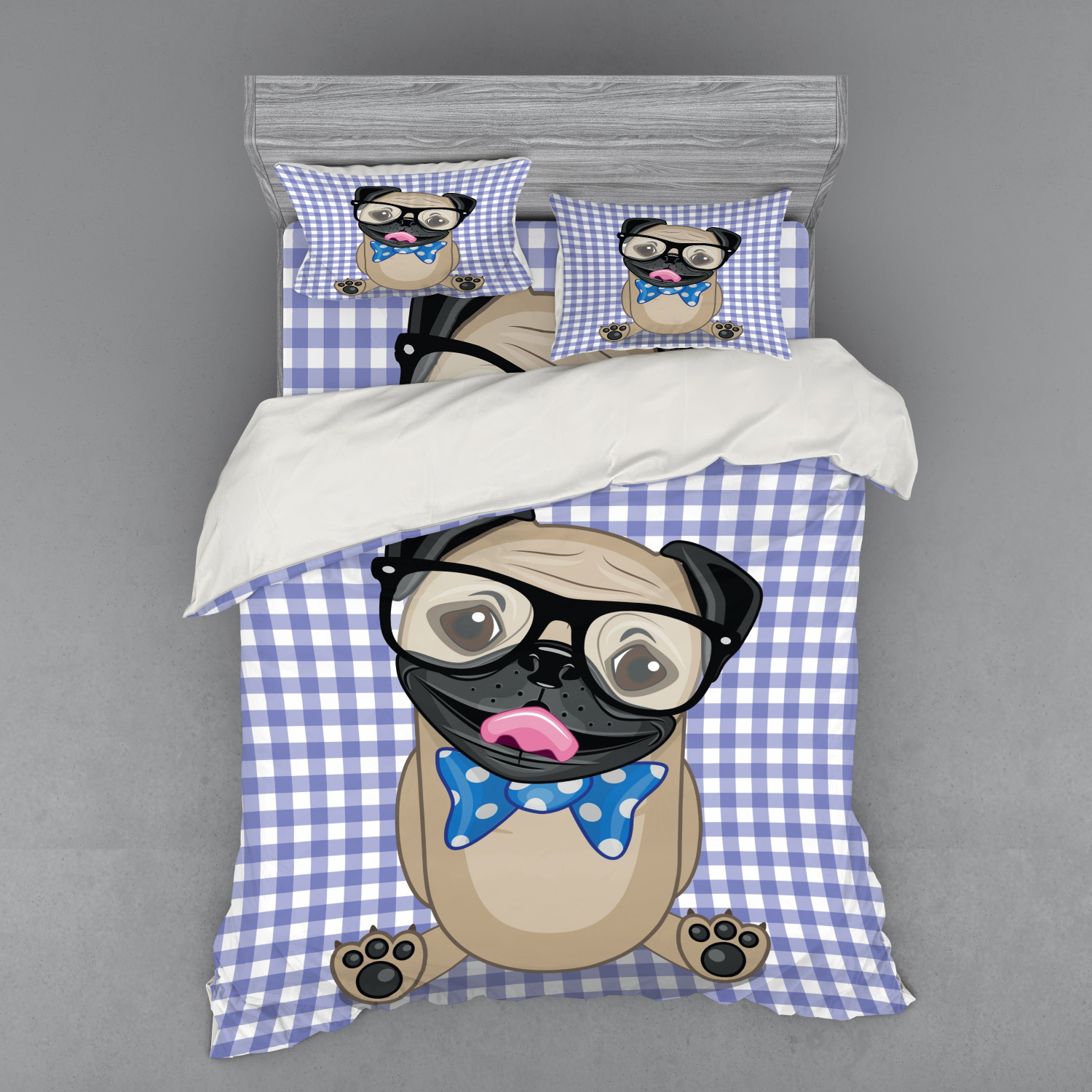 Pug Duvet Cover Set, Nerdy Glasses and Dotted Bow Tie on a Puppy Pug