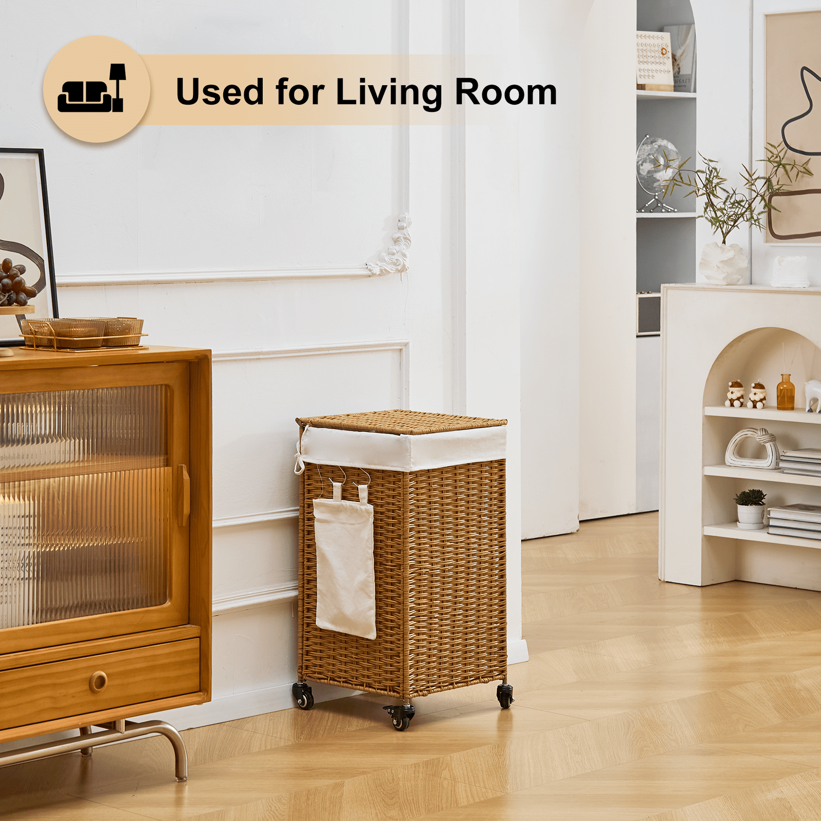 78L Laundry Hamper with Lid and Wheels, Woven Rattan Rolling Laundry Hamper