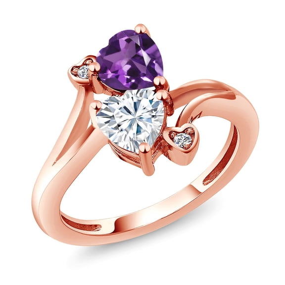 Gem Stone King 18K Rose Gold Plated Silver Purple Amethyst White Moissanite and White Diamond Ring for Women (1.63 Cttw, Heart Shape 6MM, Gemstone February Birthstone, Size 6)