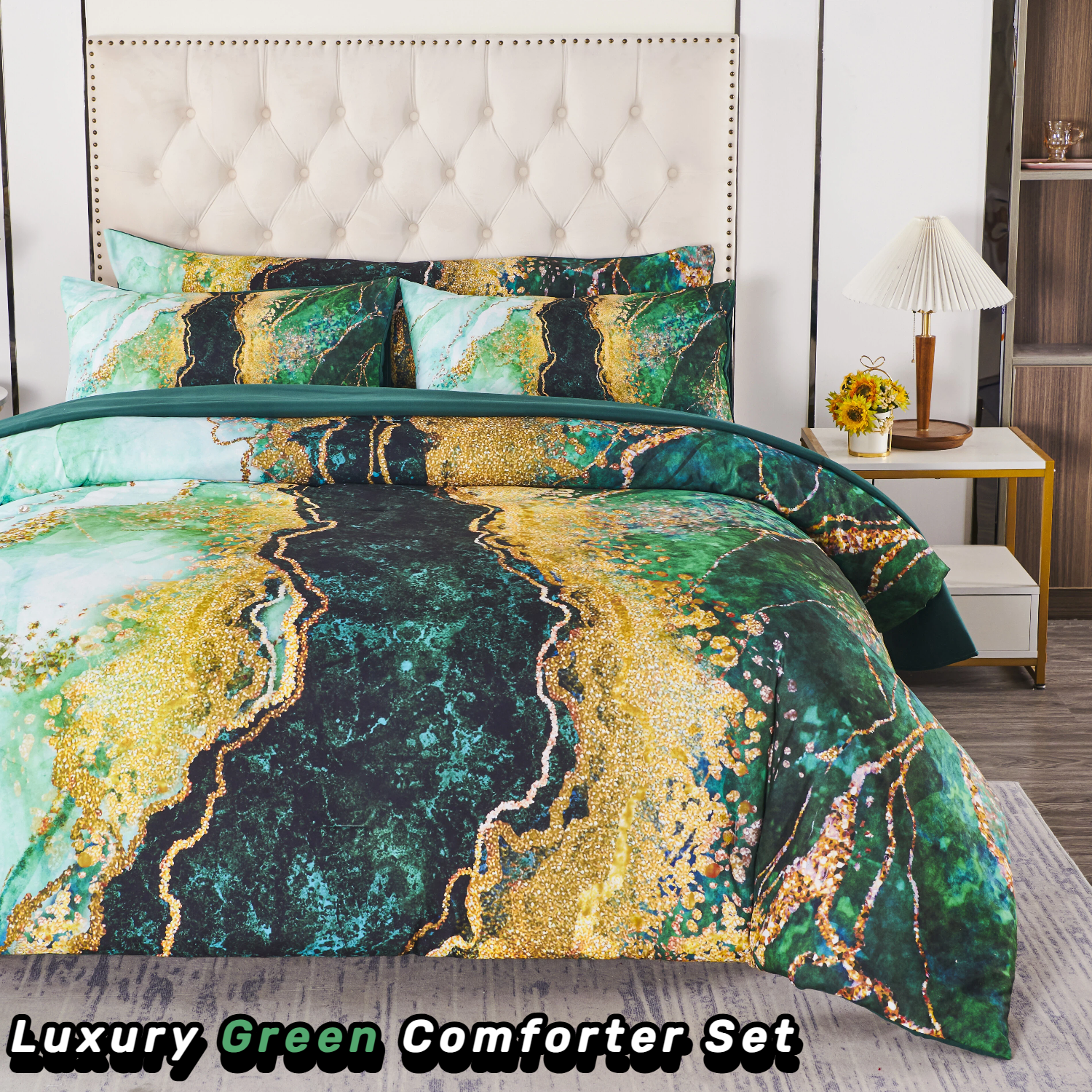 PERFEMET Full  Comforter Set-6 Pieces Green Marble Comforter Bedding Set Bed in a Bag with Sheets Pillow Cover for All Season(Green,Full)