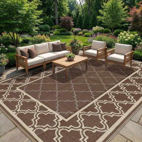 Waterproof Outdoor Rug 9x12 ft Reversible Plastic Straw Mat with Stakes & Carry Bag, Portable UV-Resistant Hose-Cleanable Camping Rug for Balcony Large Deck Backyard Brown