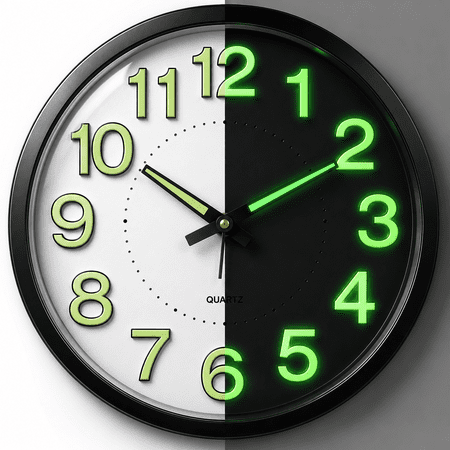 Sanmadrola Wall Clocks Battery Operated,12 inch Silent Non Ticking Modern Wall Clock for Living Room Bedroom Kitchen Office Classroom Decor Glass Front Glow In The Dark Black