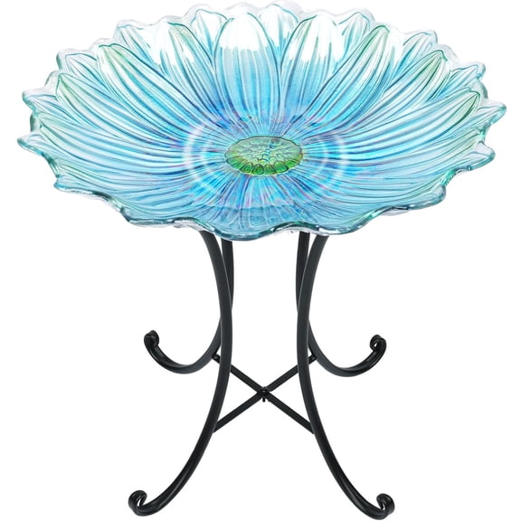 Bird Baths,Glass Birdbath with Metal Stand Blue Flowery Birdbath Suit for Garden Lawn Yard Decor