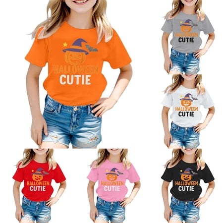 KKBOTIVE Girls Halloween Cute Graphic Short Sleeve T‑Shirt Casual Breathable Crew Neck Tee for Halloween Party Tops Pink 7-8Y
