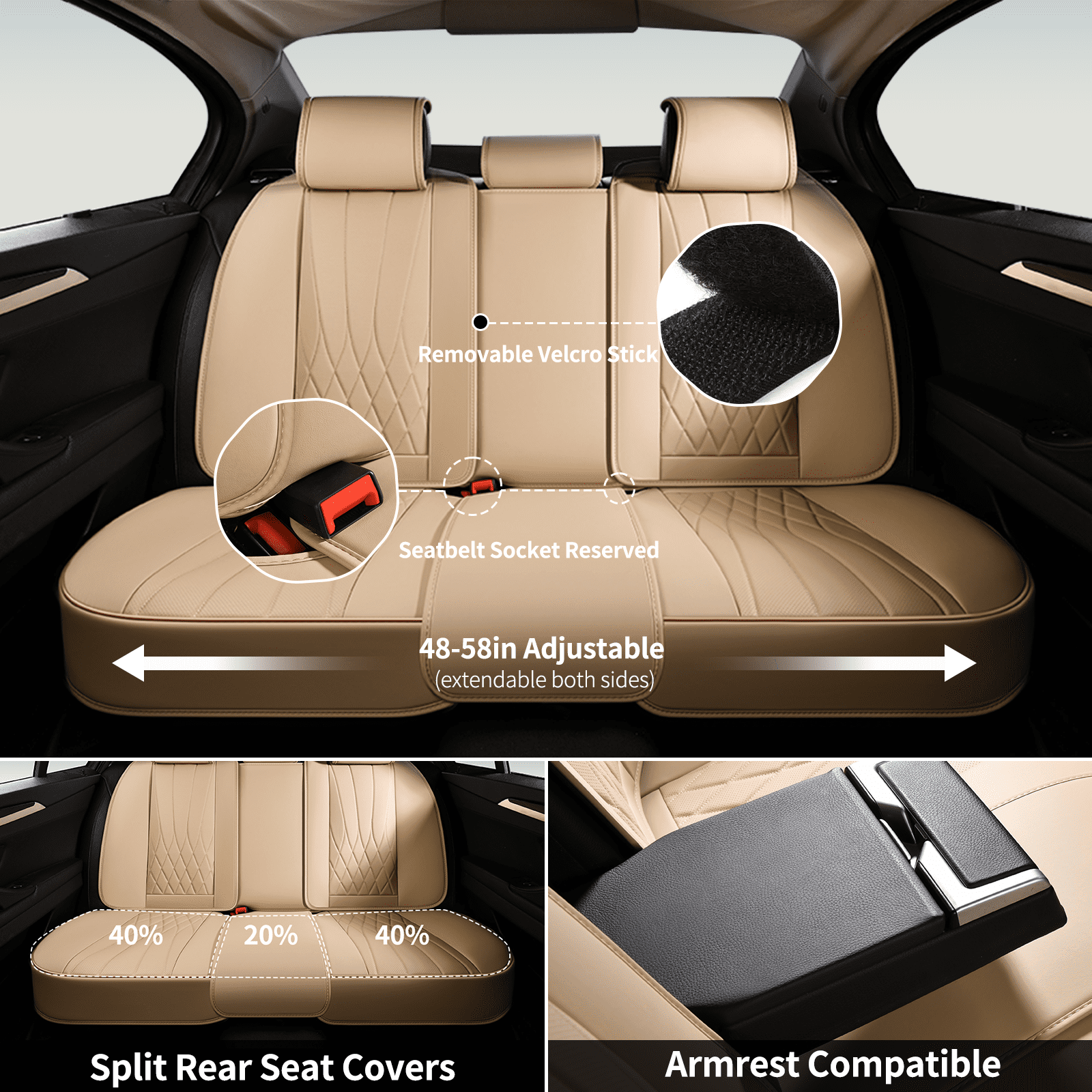Coverado Car Seat Covers Full Set, Premium Leather Front and Rear Seat Protectors, Sleek Design Universal Fit for Most Cars, Beige