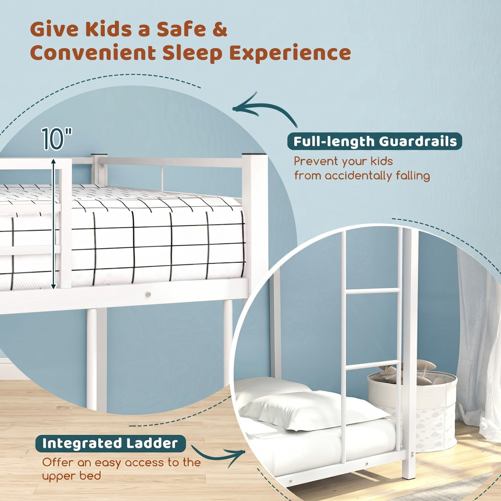 Furnibear Low Profile Twin Over Twin Metal Bunk Bed with Full-length Guardrails and Ladder for Kids and Shared Bedrooms, White