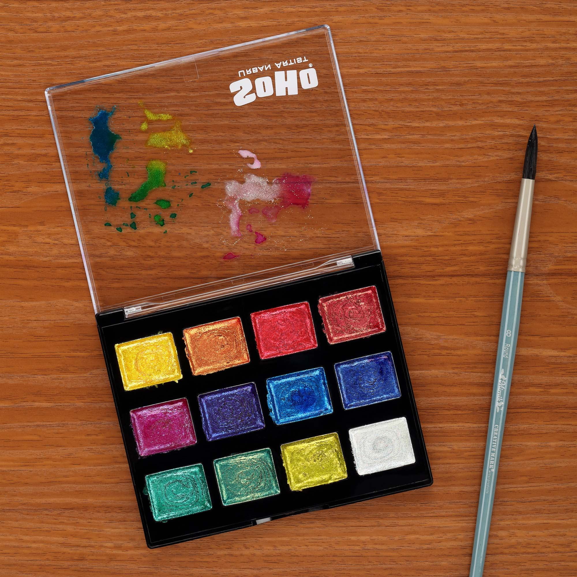 SoHo Urban Artist Glitter Bomb Watercolor Paints - 12 Glitter Watercolor Paint Colors, Semi-Moist, Ultra-Sparkly for Shimmering Mixed-Media Art & Journaling