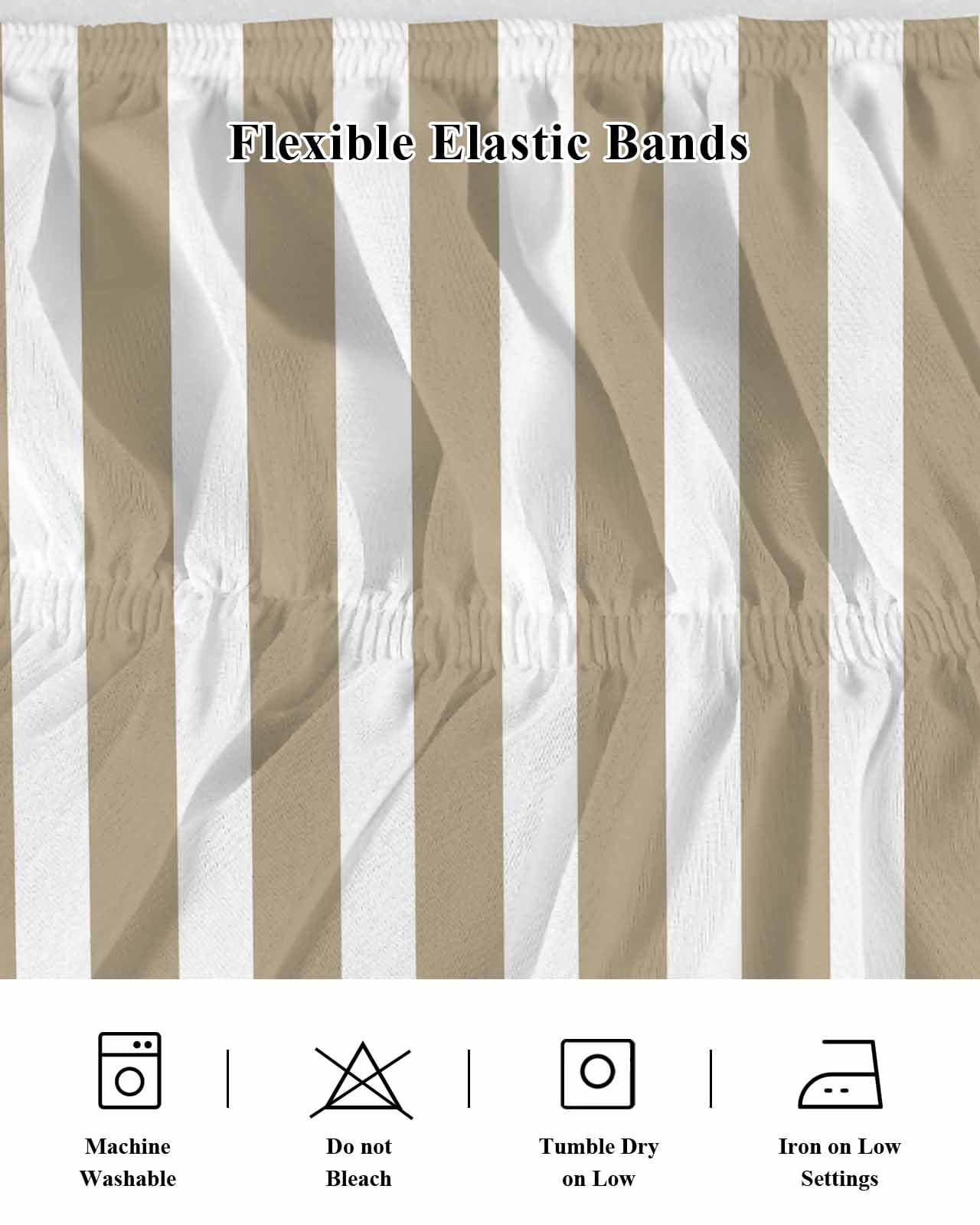 Beige Striped Bed Skirt Queen Size, Modern Farmhouse Beige White Stripes Wrap Around Bed Skirting with Adjustable Elastic Strap, Dust Ruffle Pleated Bedskirts 18 Inch Drop for Bedroom Queen Beds