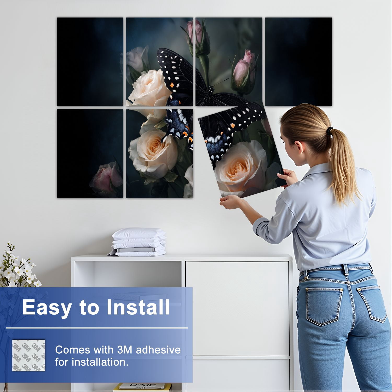 8 Pack Art Acoustic Panels Sound Absorbing Black Butterfly White Spots Romantic Dark Floral Roses Moody Decorative Soundproof Wall Panels Self Adhesive for Nursery Game Room Bedroom 48"x32"