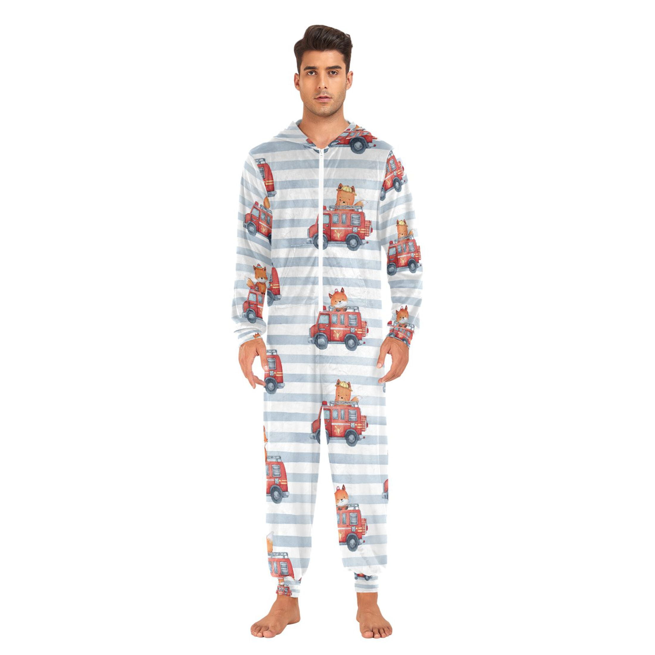 Adult Christmas Onesie Cute Fire Truck and Fox Adult Zipper One-Piece Pajamas Unisex Pajamas with Pockets