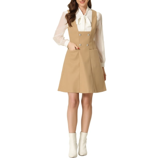 Vestido Pinafore Inspire Chic para Mujer A-Line Overoles Doble Botonadura Tirantes XL Caqui Claro