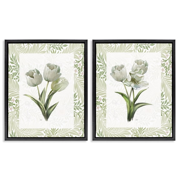 Stupell Industries Soft Green Tulip Trios 2 Piece Black Framed Floater Canvas Set, design by Nan