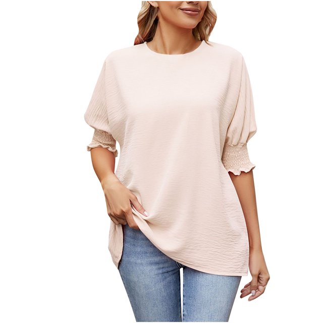Timegard Hauts pour Femmes Manches Bouffantes 1/2 Col Rond Ample Couleur Unie Décontracté Voyage Mode Été