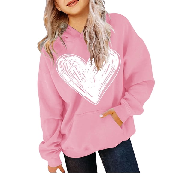 Girls Cute Heart Print Hoodies Teen Casual Oversized Fleece Sweatshirt with Pocket Kids Boy Fall Winter School Trendy Clothes