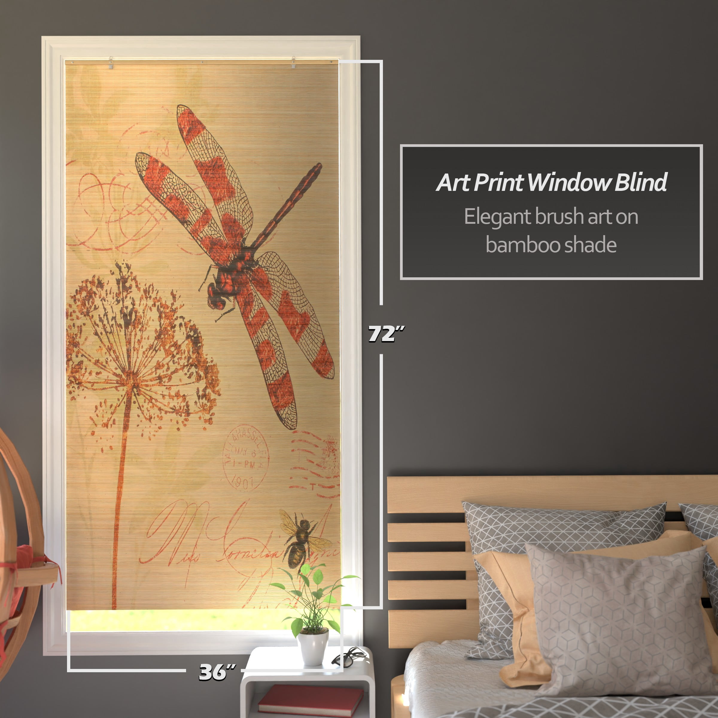 Red Lantern Bamboo Window Shade Blind - Dragonfly 36" W