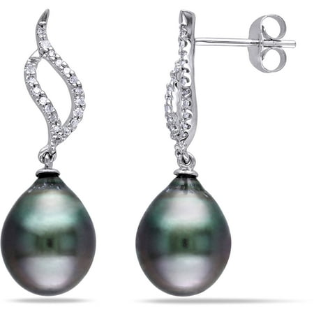 9-9.5mm Black Drop Tahitian Pearl and Diamond Accent 10kt White Gold Swirl Earrings