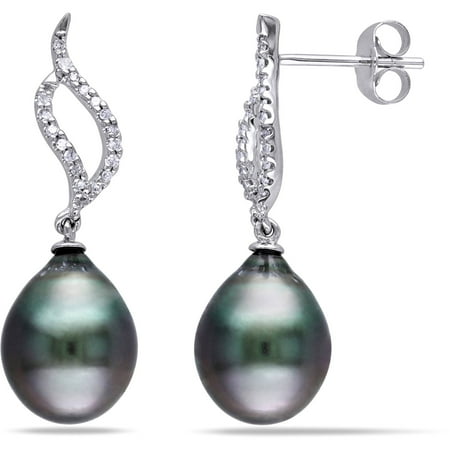 White Gold Diamond Tahitian Pearl 9-9.5mm Black Drop Tahitian Pearl and Diamond Accent 10kt White Gold Swirl Earrings ()