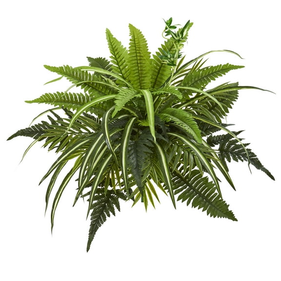 Nearly Natural 22" Mixed Greens and Fern Artificial Bush Plant (Set of 3), Green