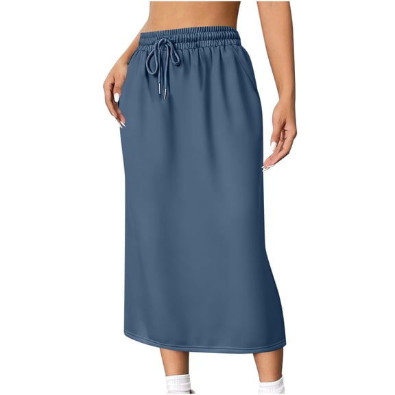 Wovilon Women's Drawstring Elastic Waist Midi Skirt with Side Pockets, Relaxed Fit Straight Cut Solid Color Casual Sporty Skirt for Summer Everyday Commute