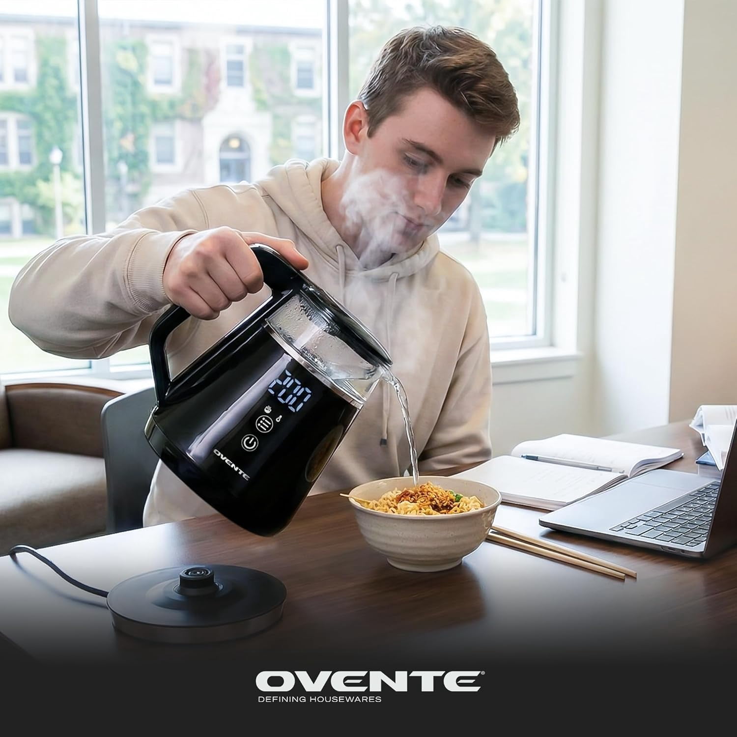 OVENTE 1L Small Electric Kettle with 5 Temperature Preset, Digital Display, 5Hr Keep Warm, Auto Shut-Off, Double-Wall Cool Touch Exterior, Borosilicate Glass,1500W BPA Free Water Boiler, Black KD95B