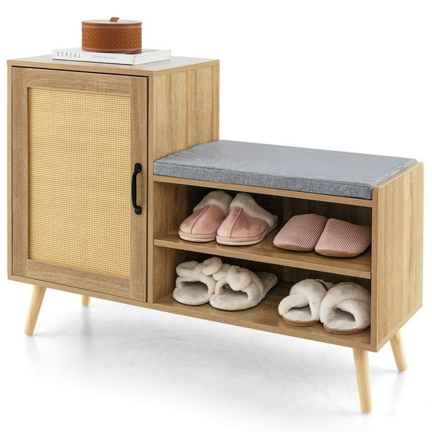Costway 2 in 1 Rattan Shoe Cabinet with Bench 3 Adjustable Shelves Solid Pine Wood Legs Walmart