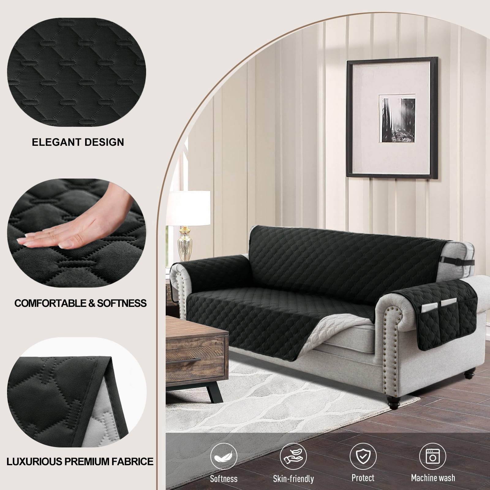 Sanmadrola Sofa Cover 100% Waterproof Couch Slipcovers Washable Non-Slip Furniture Protector with Pockets/Elastic Straps/Silicone Backing for Kids Pets Dogs, Black, Loveseat (Two-couch Sofa)