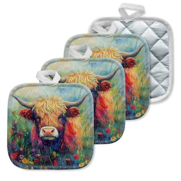 4Pcs Pot Holder for Kitchen, Exuberant Floral - Bovine Art Composition Square Heat Resistant Hotpads, 8x8in Non Slip Dirt-Proof Kitchen Cook Oven Potholders Machine Washable