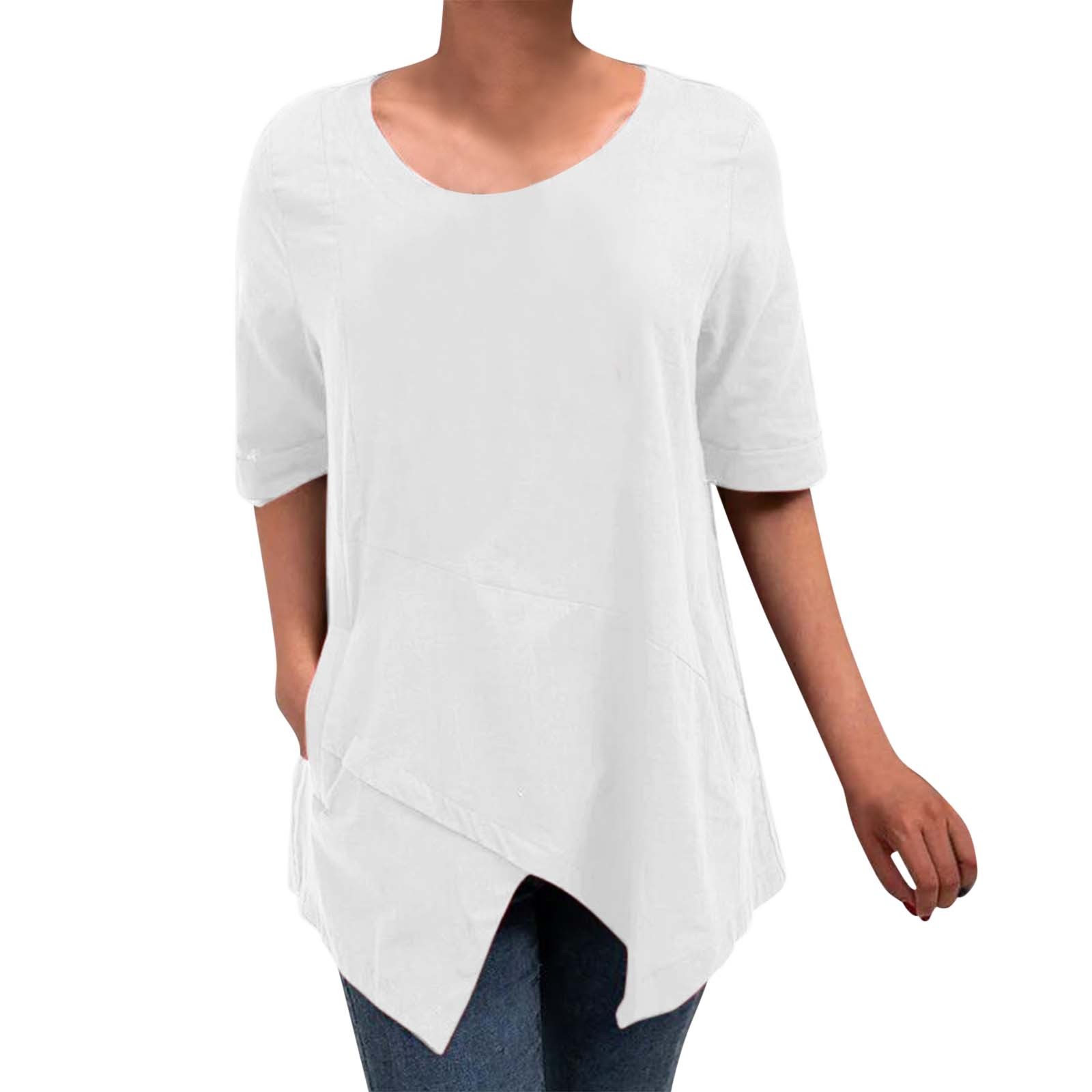 Women T-Shirts 3/4 Sleeve Holiday Classic Solid Color Shirt Double O-Neck  Formal Drawstring Top Simple Clothing